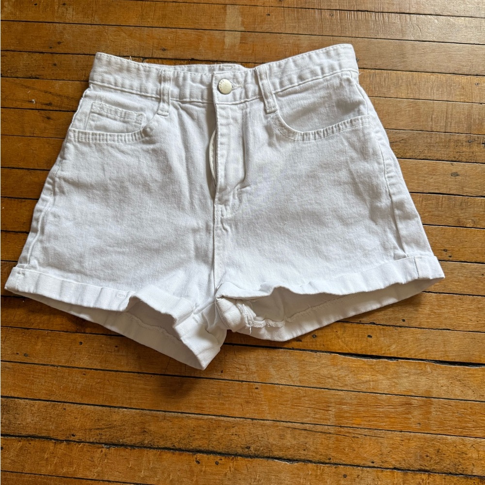 High Waist White Denim Shorts with Raw Hem